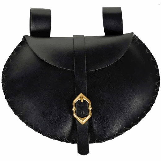 Schwarze mittelalterliche Gürteltasche aus Leder mit Messingschnalle, 16.5 x 24 cm - Outlet