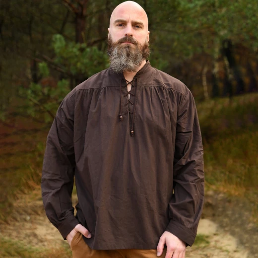 Spätmittelalter-Hemd Ludwig – Braun, Stehkragen & Schnürung