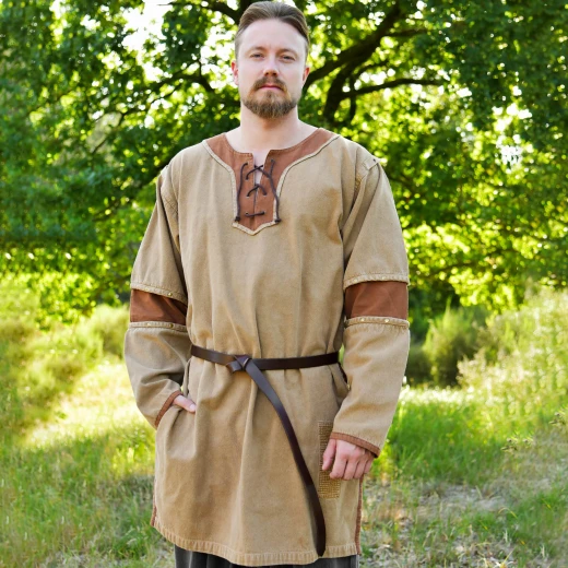 Wikinger-Tunika Sigval – Beige/Braun, Canvas, Used-Look
