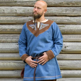 Wikinger Wolltunika Esben mit keltischer Stickerei – Blau Meliert