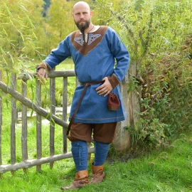 Wikinger Wolltunika Esben mit keltischer Stickerei – Blau Meliert