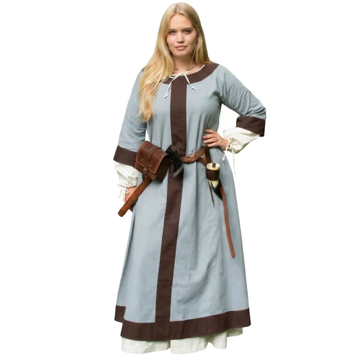 Frühmittelalterliches Baumwoll-Überkleid Gudrun mit Geren, Blaugrau und Braun - Outlet