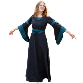 Dark Blue High Medieval Bliaut Dress with Flared Trumpet Sleeves - Outlet