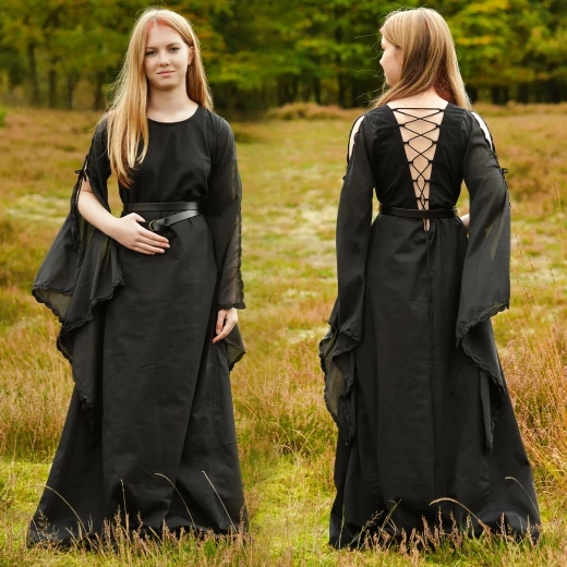 Medieval Dress "Ingrid" with Laced Back & Trumpet Sleeves – Black