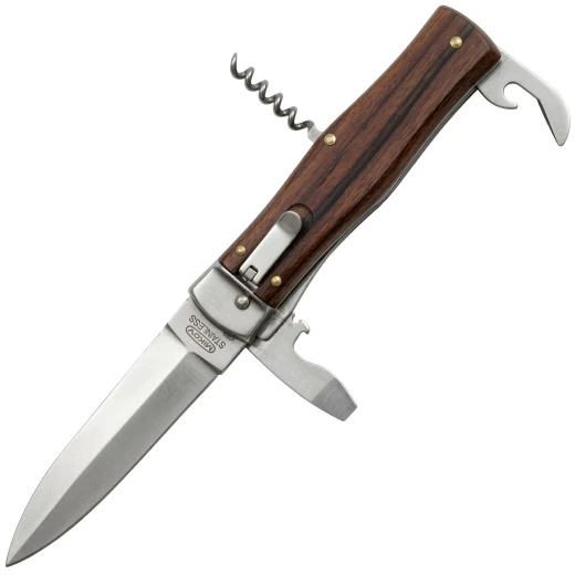 Automatic Switchblade Pocket Knife with Rosewood Handle and Four Tools