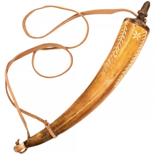 Genuine Horn Powder Horn with Engraving and Leather Strap – 18th Century Style - Outlet