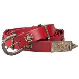 Ritterlicher Ledergürtel beschlagen mit Malteserkreuzen und Riemenzunge aus Metall, rot