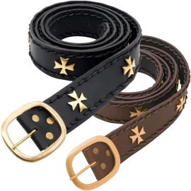 Medieval Crusader Leather Belt with Brass Crosses and Braided Edges - Outlet