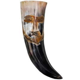 Hand-Engraved Tribal Face Drinking Horn, 500-600ml - Outlet