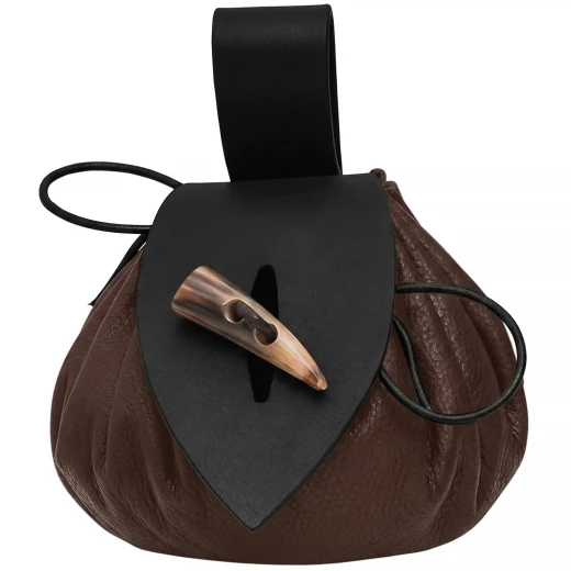 Zweifarbige mittelalterliche Leder-Gürteltasche mit authentischem Hornknebel - Outlet