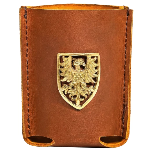 Handcrafted Leather Can Insulator with Brass Heraldic Eagle Badge - Outlet