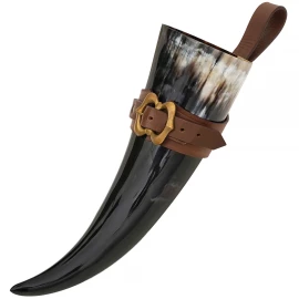 Drinking Horn with Brass Rim and Leather Holder, approx. 400 ml