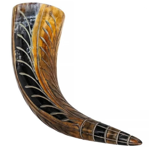 Hand-Carved Viking Drinking Horn with Leaf Pattern, 400-500ml - Outlet