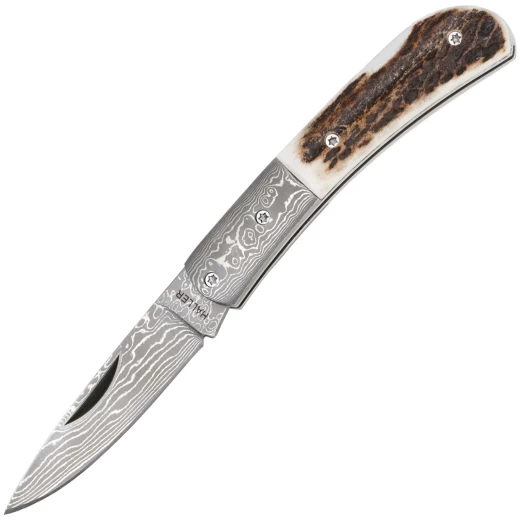 Damascus pocket knife with stag handle by Haller