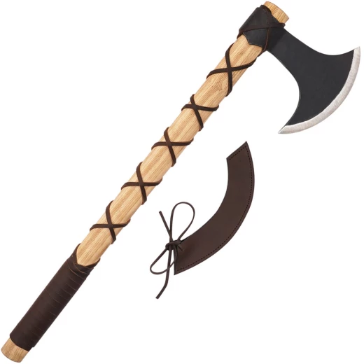 Vikinská ruční sekera z uhlíkové oceli – Jasanové topůrko s koženým opletem - Outlet