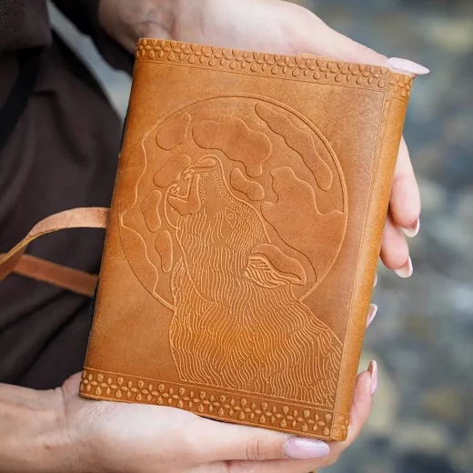 Wolf & Moon Design Leather Journal with Strap