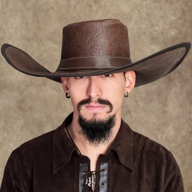 Alatriste Leather Hat, Wide Brim, with Relief Embossing - Outlet