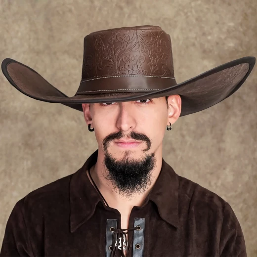 Kožený klobouk Alatriste, široká krempa, reliéfní ražba - Outlet