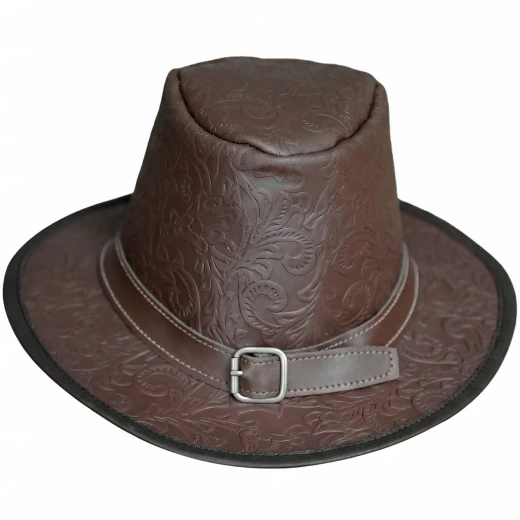 Embossed Leather Hat with Short Brim and Buckle - Outlet