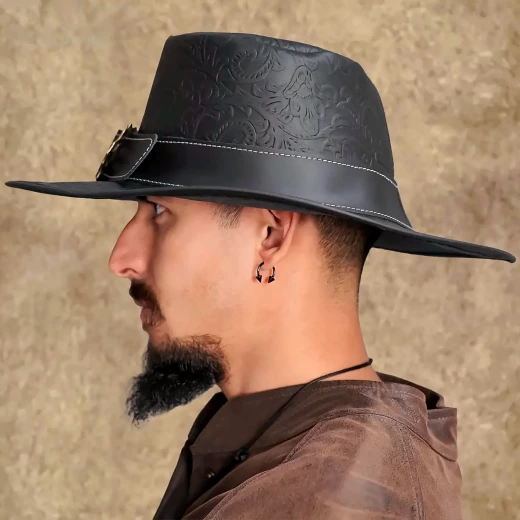 Leather Hat with Relief Embossing and Large Brass Buckle - Outlet