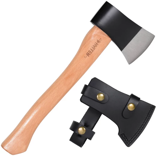 Kompakt-Camping-Axt mit Buchenholzstiel und Leder-Schneidenschutz, Leichtgewicht