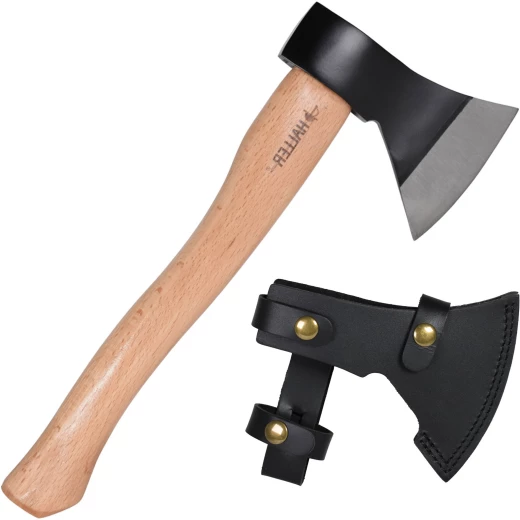 Universalaxt mit kurzem Buchenholzstiel und Leder-Schneidenschutz, Mittelgewicht