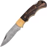 Klapptaschenmesser mit Wenge-Holzgriff und Lederscheide, Damaskus-Optik