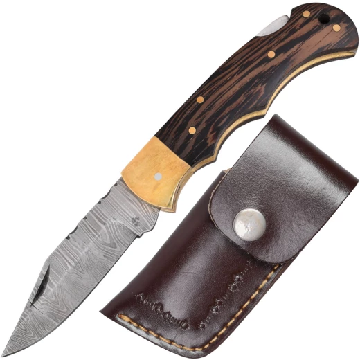 Klapptaschenmesser mit Wenge-Holzgriff und Lederscheide, Damaskus-Optik