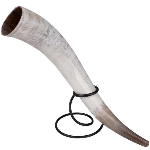 600ml Drinking Horn with Forged Iron Stand and Leather Frog