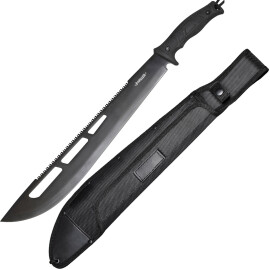 Front-heavy machete with saw on the back of the blade, black coated