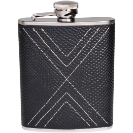Hip flask 170ml with black imitation leather cover and white decorative stitching