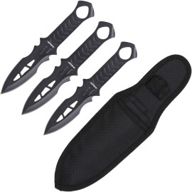 3 černé vrhací nože Leon s koženým pouzdrem