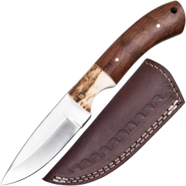 Feststehendes Jagdmesser mit Holz- und Hirschhorngriff, Lederscheide