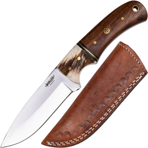 Classic Stag Fixed Blade Hunting Knife with Wood and Genuine Antler Handle – 95 mm Stainless Steel Blade