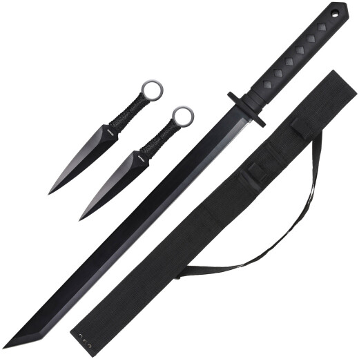Ninja Schwert mit zwei Kunai Dolchen und Rückenscheide
