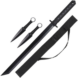 Ninja sword with two kunai daggers and back scabbard
