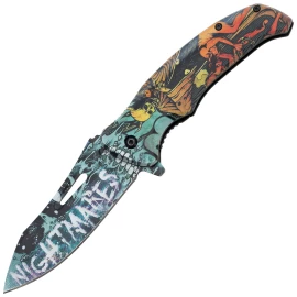 Psychedelic Toxic Nightmares EDC Folding Knife with Flipper and Skulls - Outlet