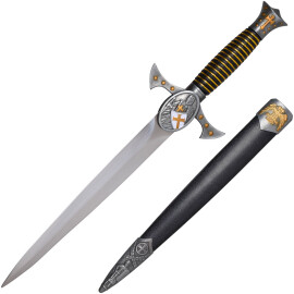Decorative crusader dagger with golden details and studded scabbard