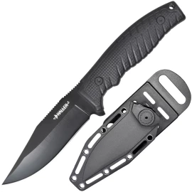Fixed outdoor knife with plastic sheath, black coated