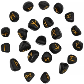 Set aus Wikinger-Runensteinen aus schwarzem Onyx im Samtbeutel - Outlet