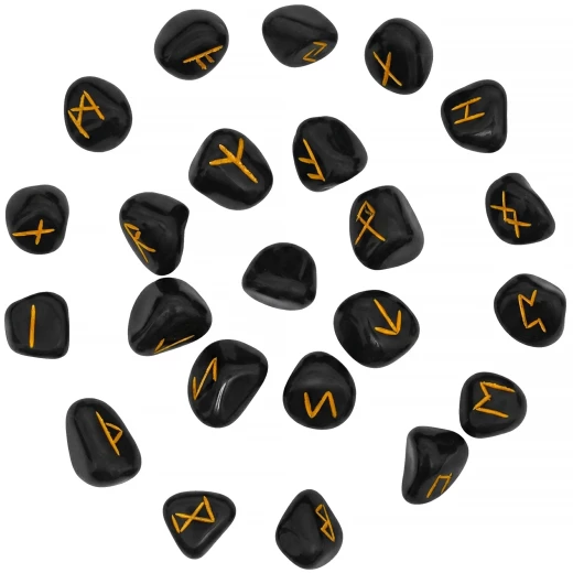 Set aus Wikinger-Runensteinen aus schwarzem Onyx im Samtbeutel - Outlet