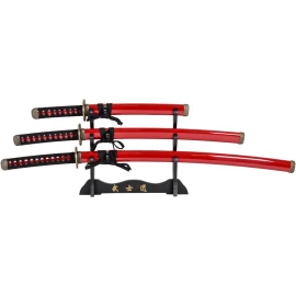Samurai-Set "Red Dragon" – Katana, Wakizashi, Tanto inklusive Holzständer