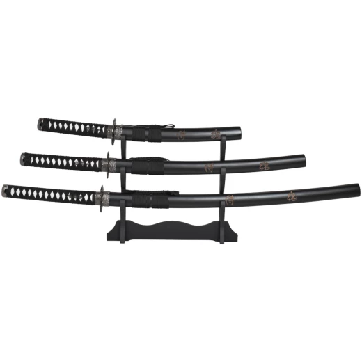 Dekoratives Samurai-Schwert-Set Schwarz – Katana, Wakizashi, Tanto und Ständer