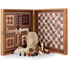 Schachspiel, Backgammon, Mensch ärgere Dich nicht, Schlangen 4-in-1-Set im klassischen Stil, 34x34 cm