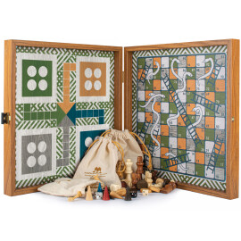 Schachspiel, Backgammon, Mensch ärgere Dich nicht, Schlangen-Set 4 in 1 Retro-Design, 34x34 cm