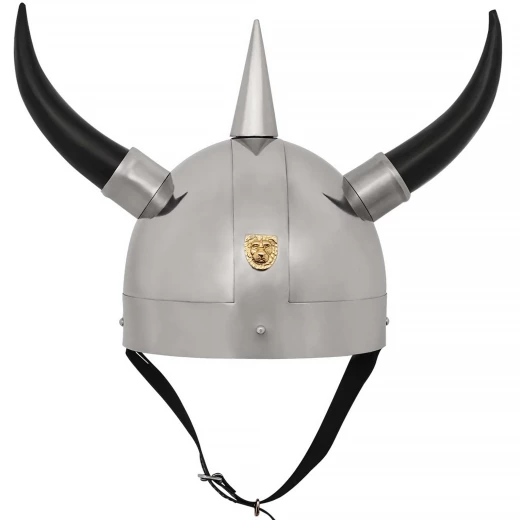 Fantasy Hörnerhelm mit Löwenwappen, Stahl (20 Gauge)