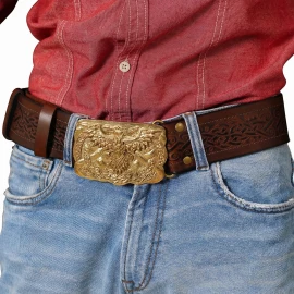 Breiter Wikinger-Ledergürtel mit massiver Messingschnalle – Odins Raben - Outlet