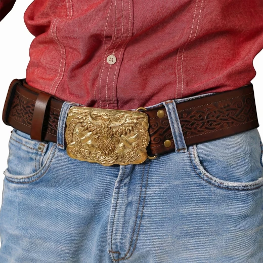 Breiter Wikinger-Ledergürtel mit massiver Messingschnalle – Odins Raben - Outlet