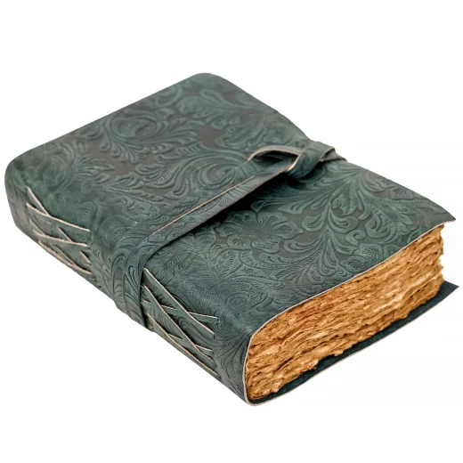 Zelenomodrý kožený zápisník s rostlinnou ražbou
