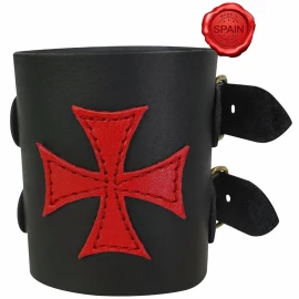 Black Leather Wristband with Red Templar Cross